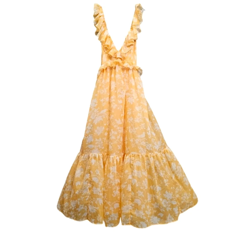Nwot Abercrombie & Fitch Orange/White Floral Ruffle Bodice Tie Back Maxidress
